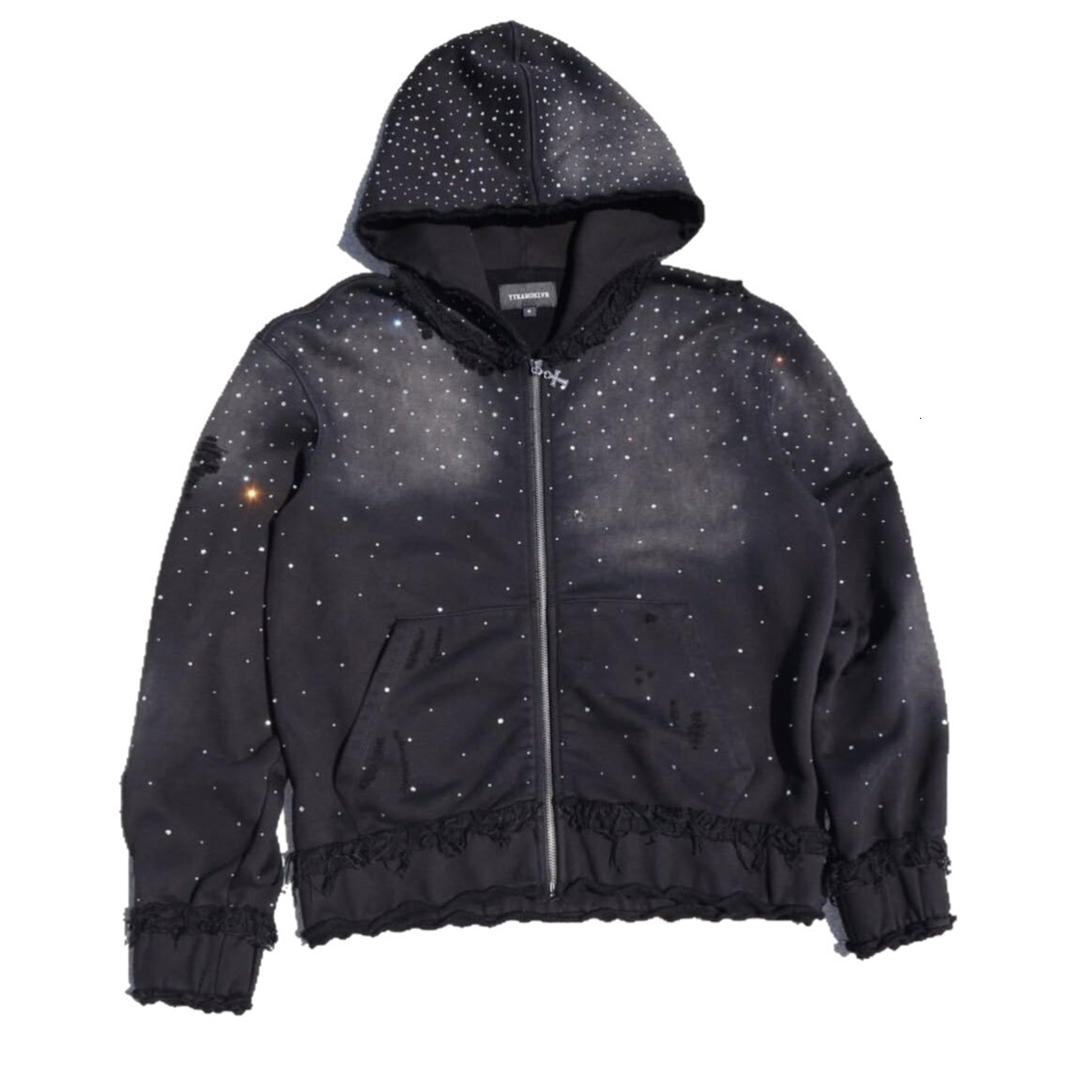 Autumn Winter Trendy Starry Sky Rhinestone Hooded Zipper Sweatshirt Men's Street Hip Hop Loose Jacket