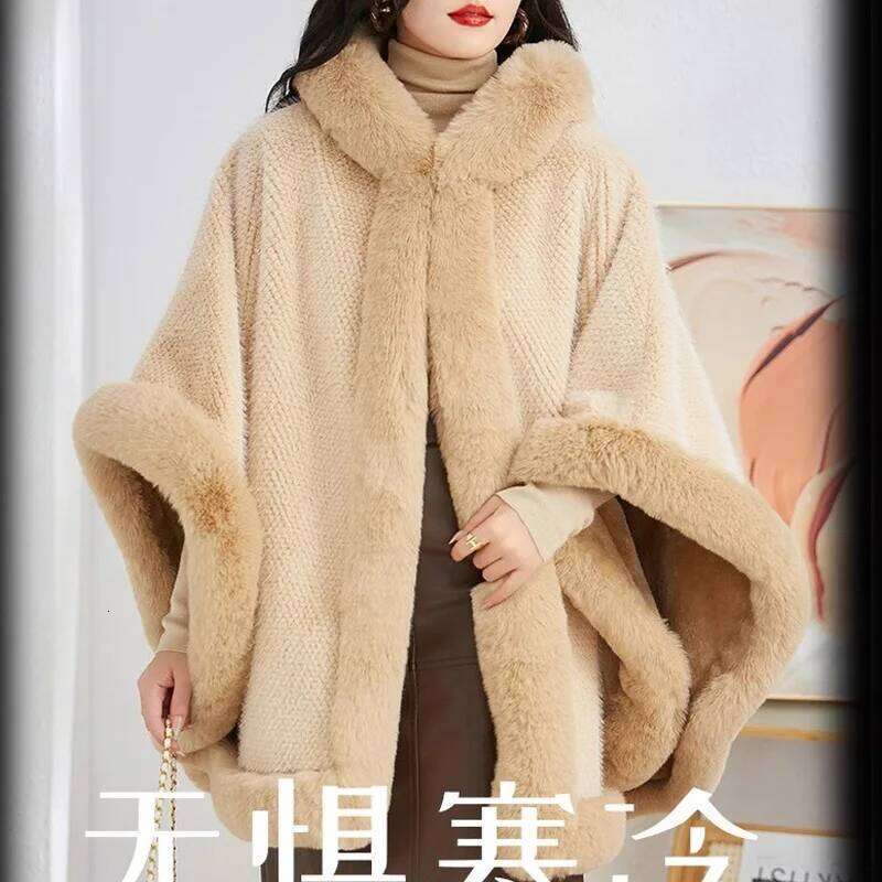 Winter New Thicken Mink Wool Full Trims Faux Fur Cape Outerwear Hood Loose Fleece Cloak Coat Women Party Dress Wraps Warm