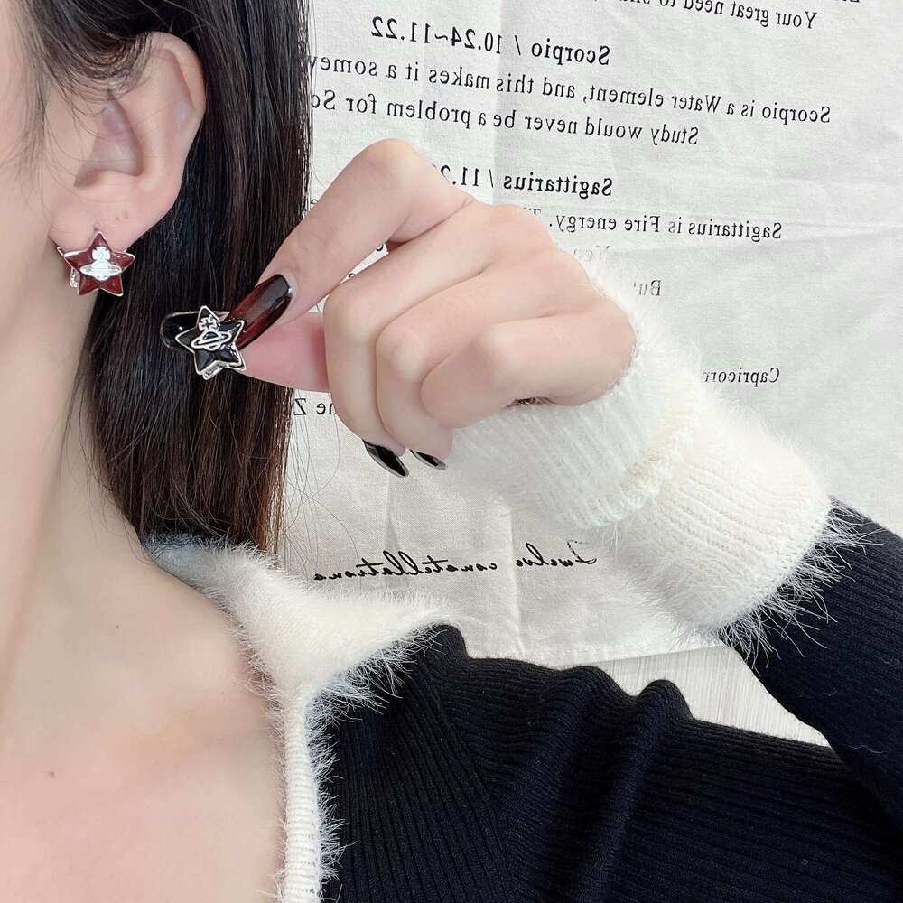 Super New French Enamel Black and Red Five-Pointed Star Double-Sided Saturn Earrings Elegant Fashion High-End Sense Ear Clips for Women a6f