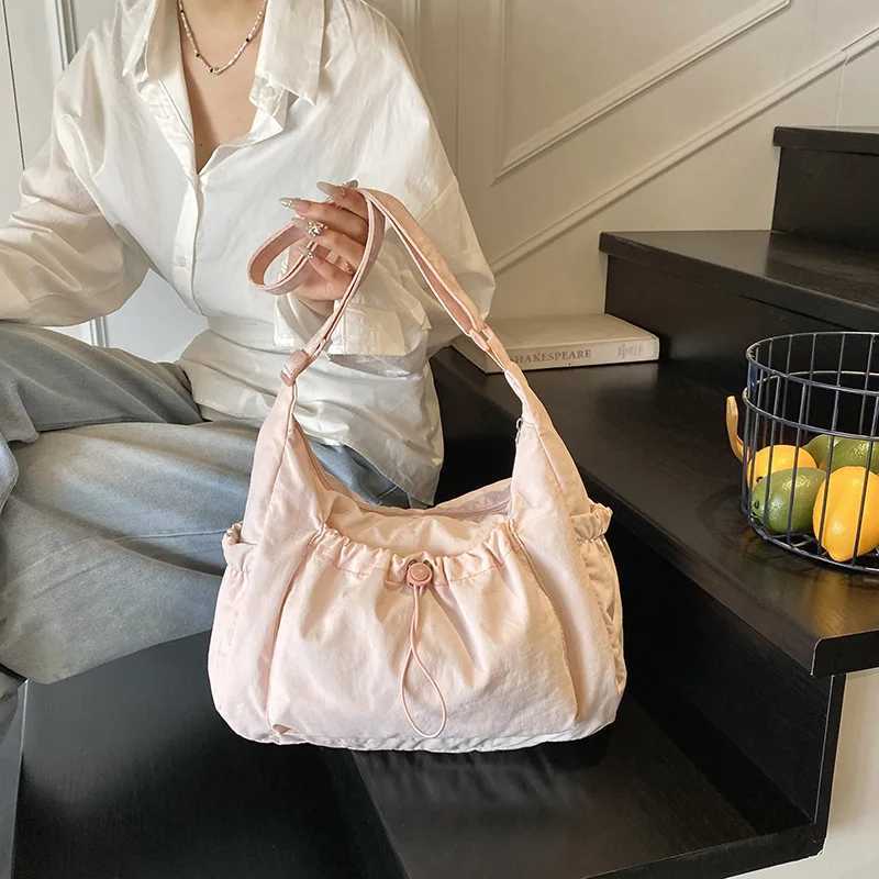 Simple Womens Nylon Shoulder Bags Large Capacity Ladies Drawstring Pocket Crossbody Bag Solid Color Female Tote Purse Handbags Y250730