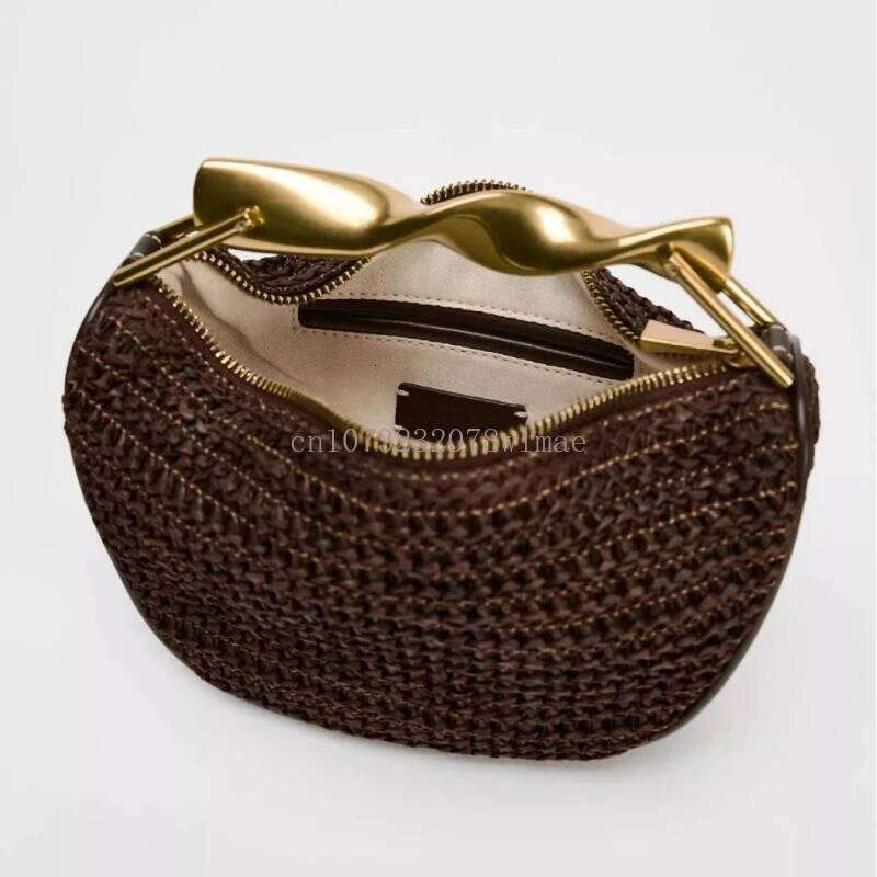 Rattan Half-Moon Tote Design Gold Handle Handbag Women's Woven Straw Bucket Bag Purse Casual Shopping Braided Bags