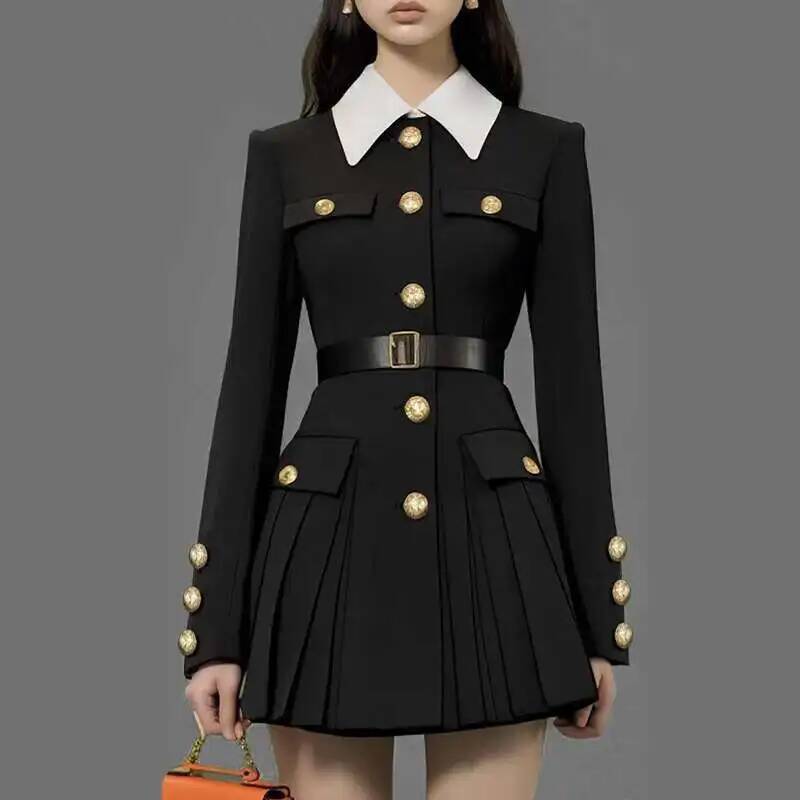 Quality 2025 Spring Autumn Single Breasted Golden Button Long Full Sleeve Blazer Suit Coat Pleated Short Dresses Women dongdumaoyi