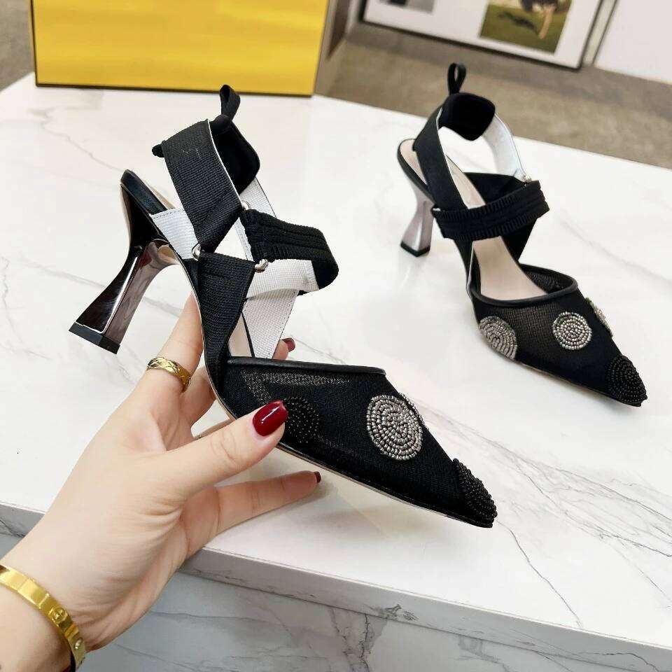 Women Size35-42 Genuine Leather Pumps Super High Heels Mesh String Beads Sandals Pointed Toes Shoes Zapatillas De Mujer f39
