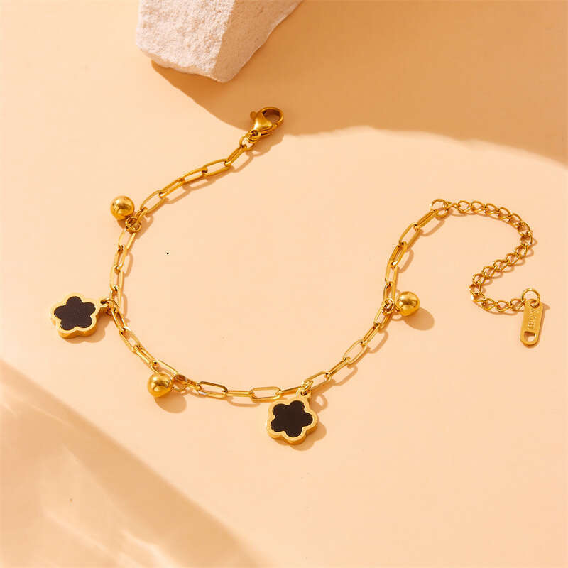 Fashion Simple Black and White Shell Flower Pendant Chain Stainless Steel Gold-Plated Bracelet