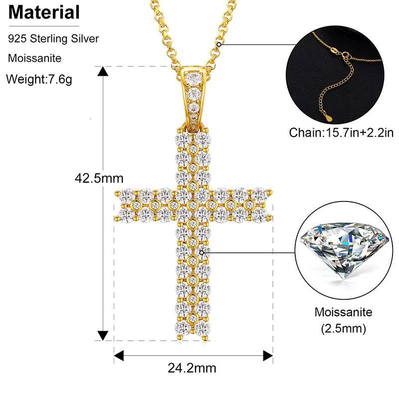 Best Selling Jewelry 925 Sterling Silver 2 Row VVS Moissanite Diamond Iced Out Hip Hop Cross Pendant Necklace