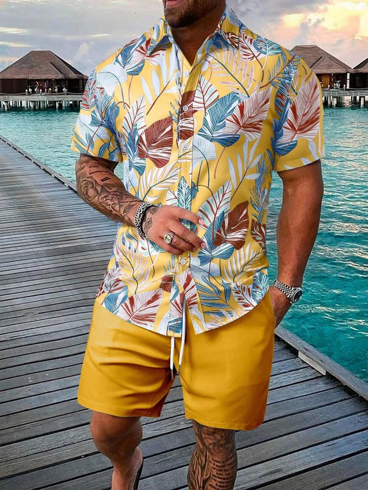 Funny 3D Leaves Print Mens Shirts Sets Fashion Hawaiian Short Sleeve Tops Shorts 2 Piece Outfit Summer Beach Vacation Man Suit 250724