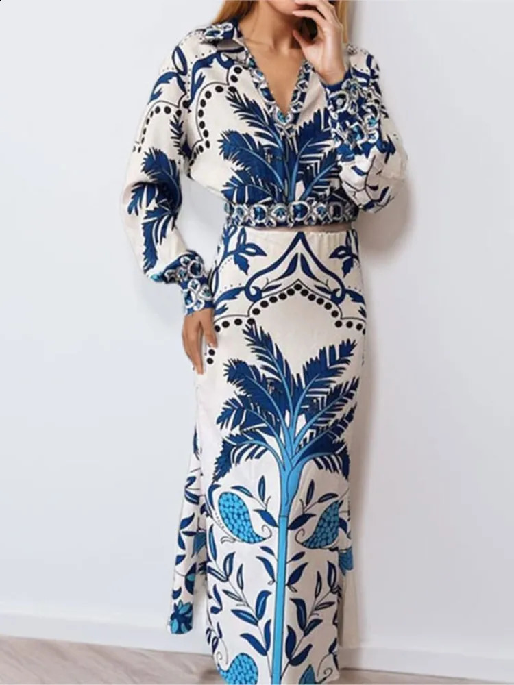 2025 Women Printed Two Piece Set Fashion Elegant Vintage V-neck Long Sleeve Cropped Top And High Waist Midi Skirt 2 Piece Sets 250728