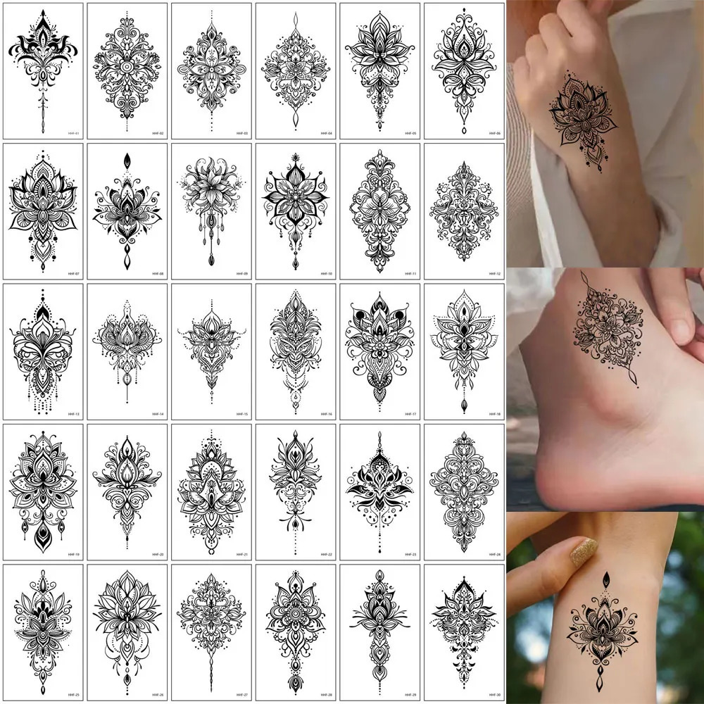 30Pcs Black Flower Tattoo Stickers Butterfly Rose Moon Star Small Temporary Tattoos Mandala for Hand Body Chest 250731