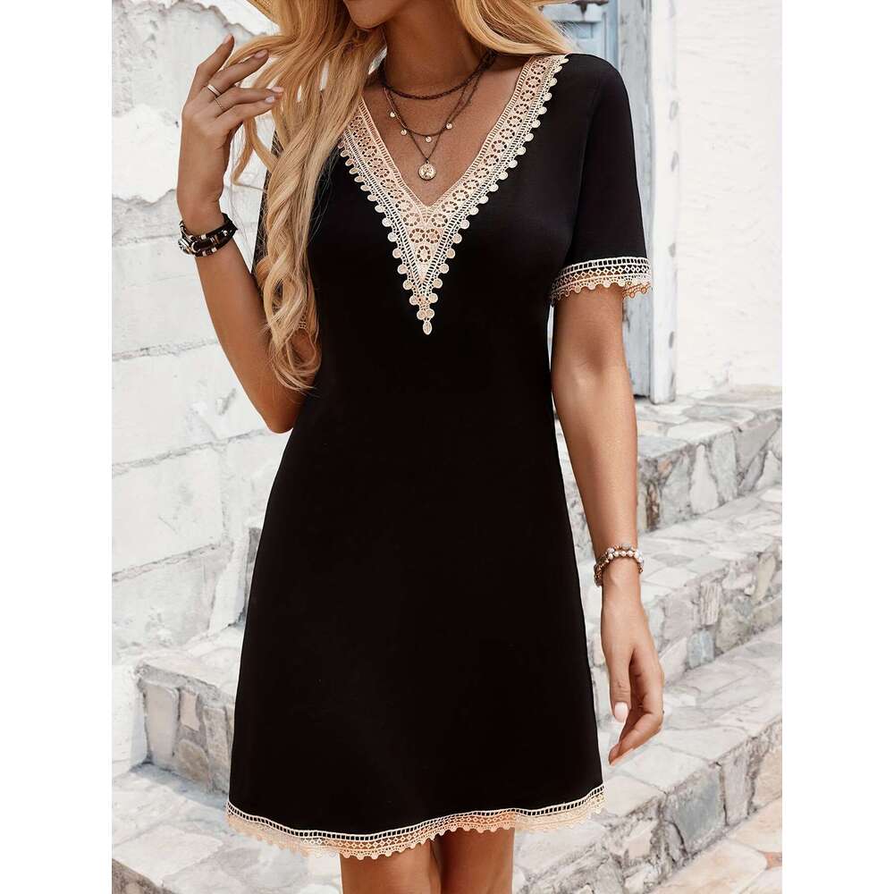 2025 V-neck Lace Trim Patchwork Solid Color Short Sleeve Long Slim Fit Dress Versatile