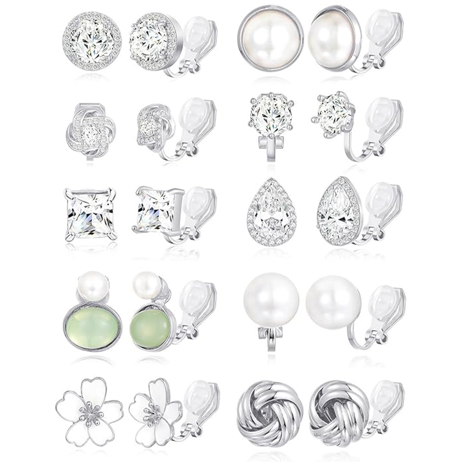 10Pairs Clip on Stud Earrings Non Pierced Teardrop Round Square CZ Pearl Twist Knot Flower Heart Star Rainbow Cat Opal Clip on Earrings for Women Silv