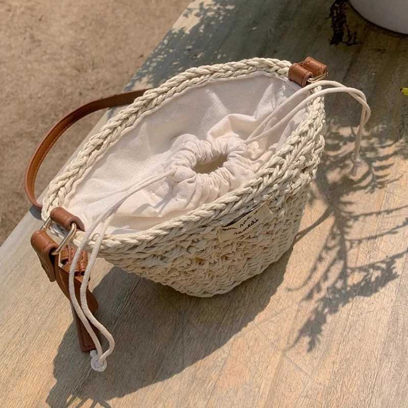 Summer Vacation Womens Straw Woven Shoulder Bags Casual Beach Ladies Small Bucket Handbags Female Drawstring Crossbody Bag Y250730