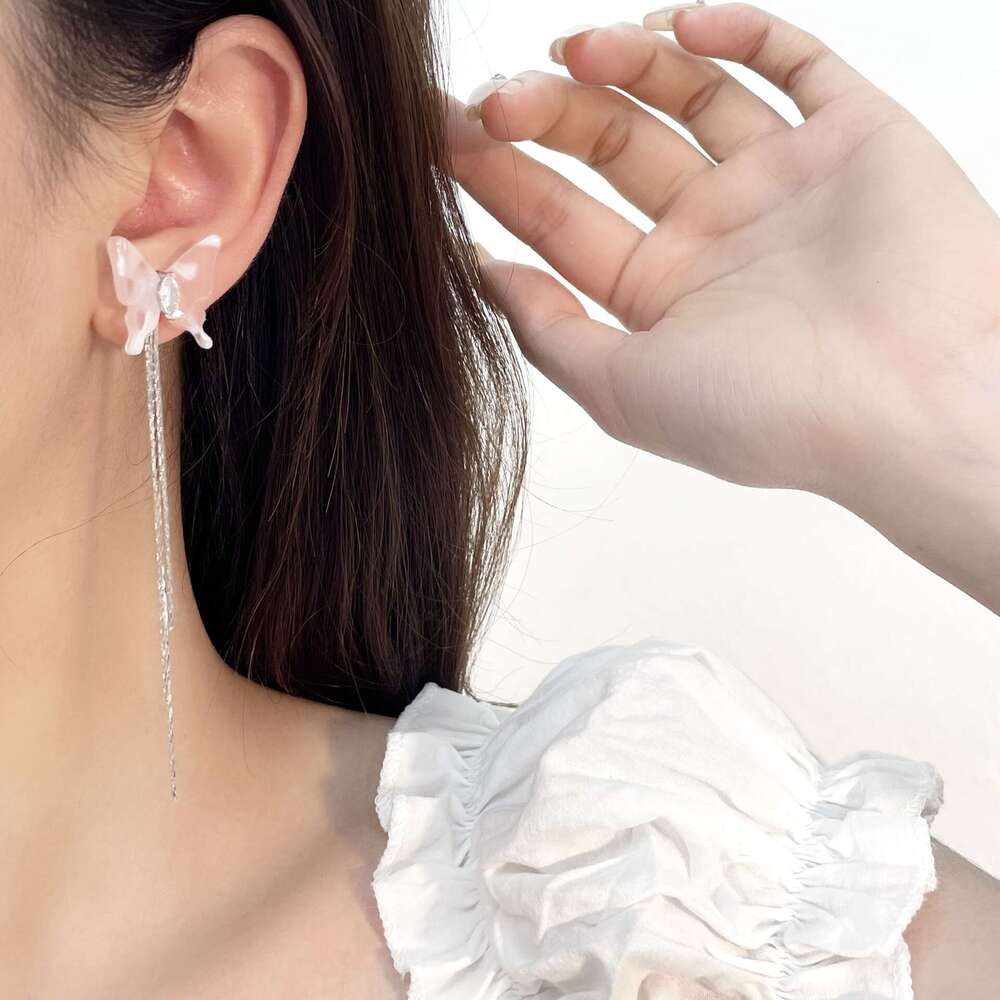 Chinese Style National Trend Twin Girlish Pink Dream Butterfly Elegant Versatile Blue and White Earrings b9f