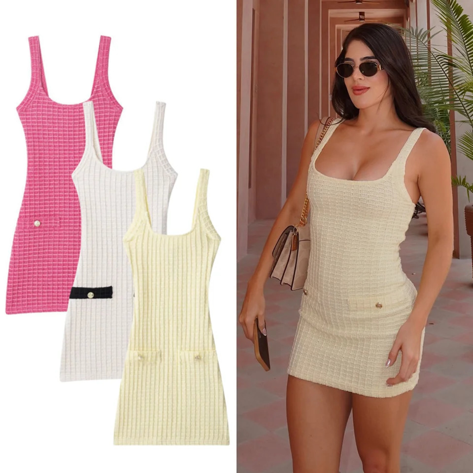 UNIZERA Stretch Knit ButtonDecorated Suspender Short Dress Womens Clothing Summer Slim Dress 250731