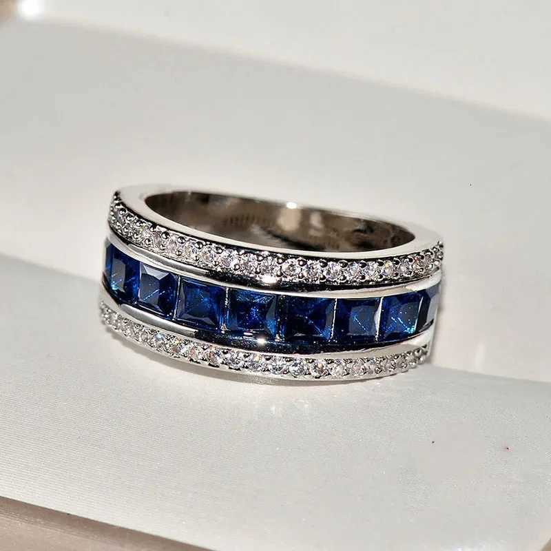 Authentic 925 Sterling Silver Finger Ring With Round Blue Square Cubic Zirconia Crystal Wide Ring For Women Wedding Jewelry y250730