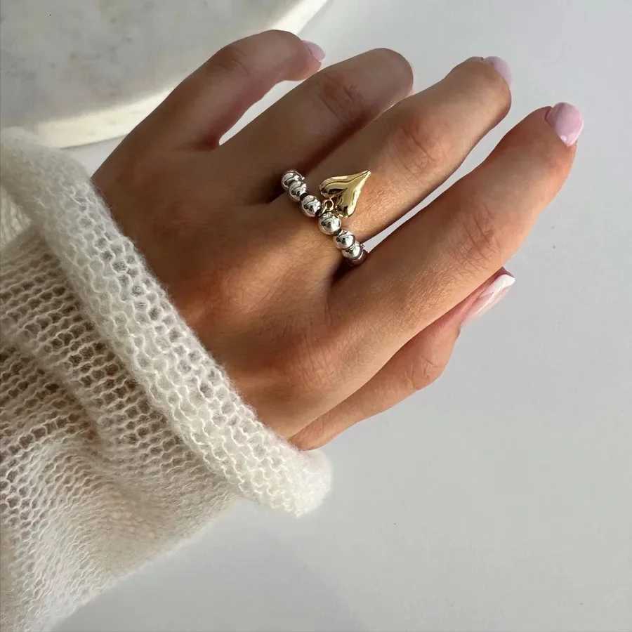LATS Creative Handmade Beaded Bungee Cord Love Heart Pendant Rings for Women Girl Silver Color CCB Bead Adjustable Ring Jewelry y250730