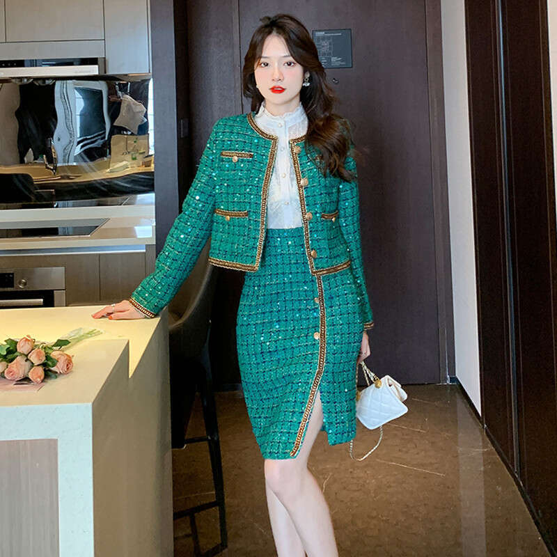 Socialite Elegant Green Tweed High-End Coat Irregular Bodycon Skirt Set 2023 New Thickened