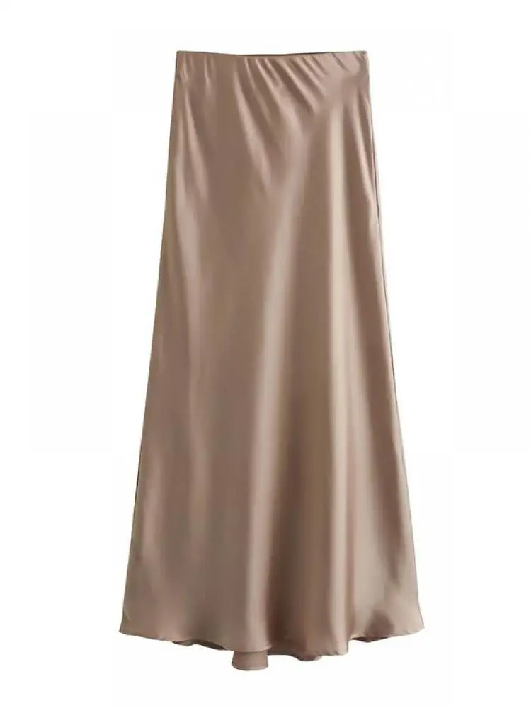 AOSSVIAO Women Fashion Satin Solid Midi Skirt Vintage Mid Elastic Waist Female Chic Lady Skirts 250730