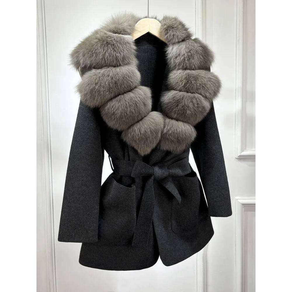 Designer Clothing Janveny New Winter Cashmere Wool Blends Women 100% Natural Fox Fur Collar Cuffs Slim Fit Suit Double Sided Woolen Trench Coat Fashio