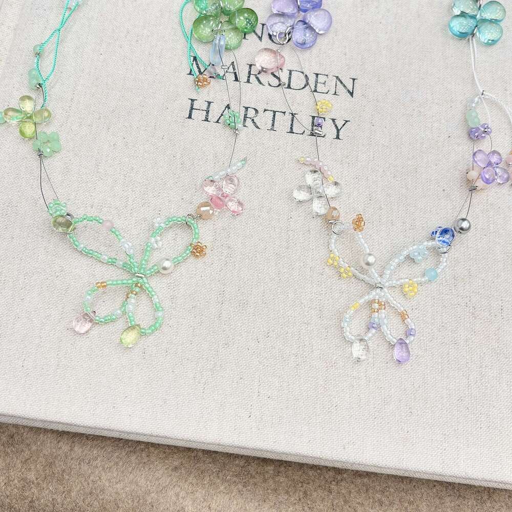 Girlish Summer Colorful Crystal Beaded Flower Bow Ballet Style Women's Collarbone Chain Necklace Niche Versatile aaa
