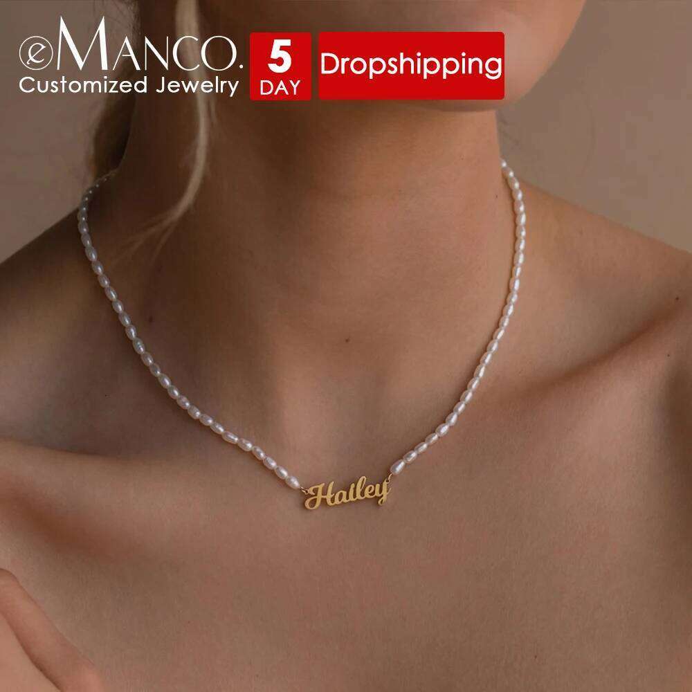 eManco Women's Freshwater Pearl Diy Monogrammed Collarbone Chain Stainless Steel Customized English Name Necklace Factory direct