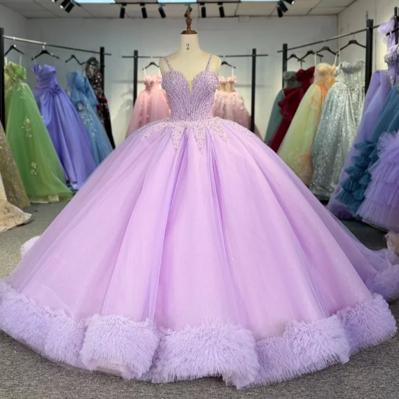 Light Lilac Shiny Quinceanera Dresses Ball Gown Spaghetti Strap Beading Tull Party Birthday Sweet 16 Dress Vestidos 15 De Anos