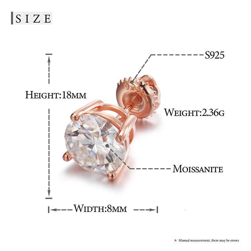 Fashion Luxury Iced Out Diamond Screw Back 18K Gold Plated Sterling Silver 8mm 2ct Lab Grown Moissanite Women Stud Earrings