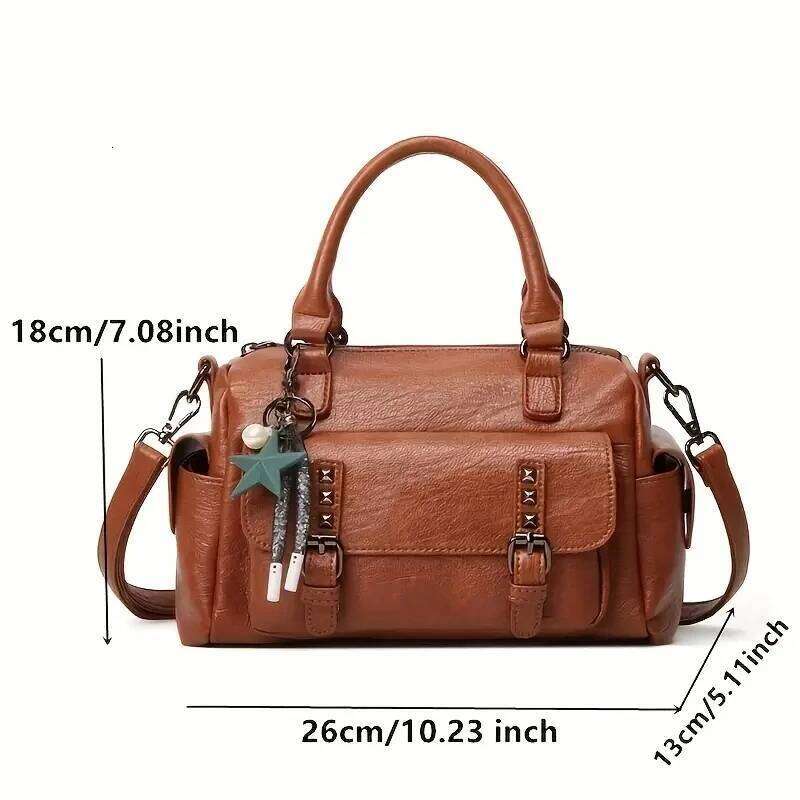 Vintage Multi-Pocket Design Leather Bolton Handbag with Pendant Tote Women's Shoulder Bag OLOEY