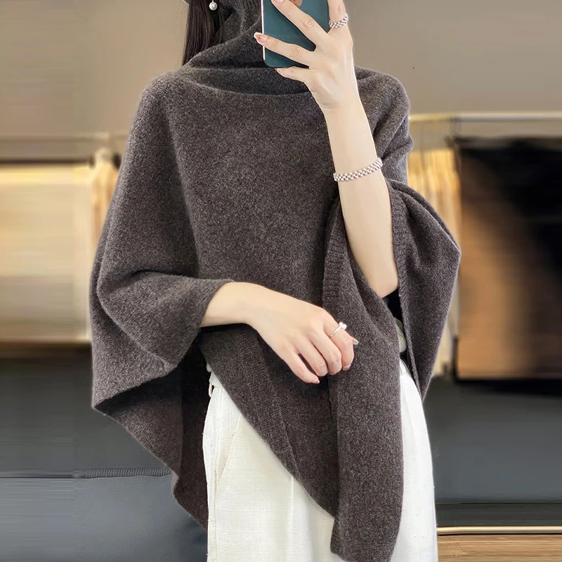 Turtleneck Cashmere Poncho Pullover Shawls 100%Wool Knitted Irregular Cloak Fashion Soft Warm Wollen Bat Sleeve Loose Pullovers 250729