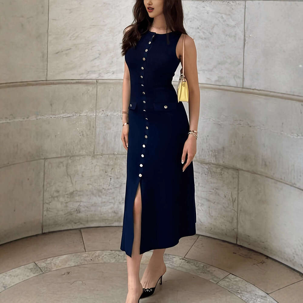 Elegant Women's Knitted Ribbed Long Round Neck Sleeveless Button Slim Fit Dress