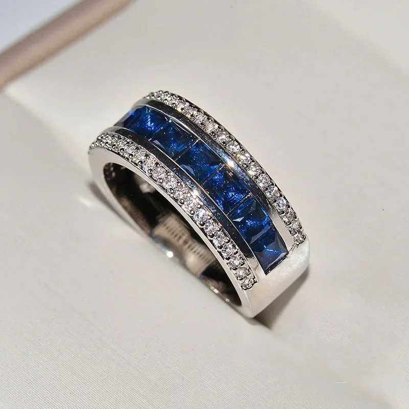 Authentic 925 Sterling Silver Finger Ring With Round Blue Square Cubic Zirconia Crystal Wide Ring For Women Wedding Jewelry y250730