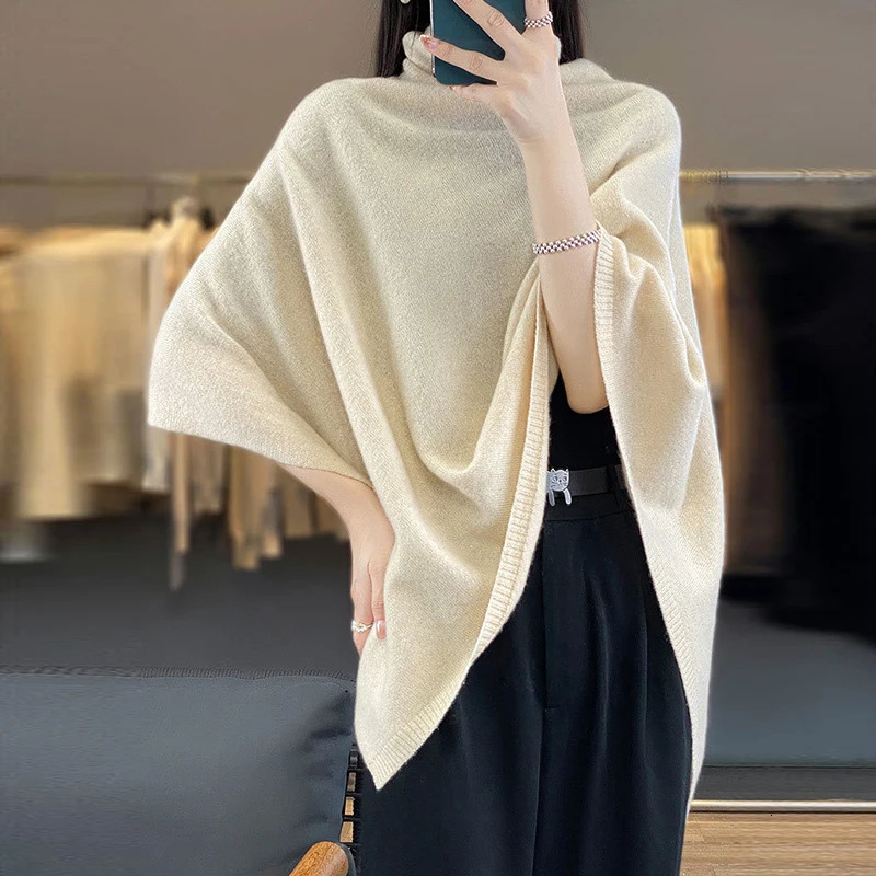 Turtleneck Cashmere Poncho Pullover Shawls 100%Wool Knitted Irregular Cloak Fashion Soft Warm Wollen Bat Sleeve Loose Pullovers 250729
