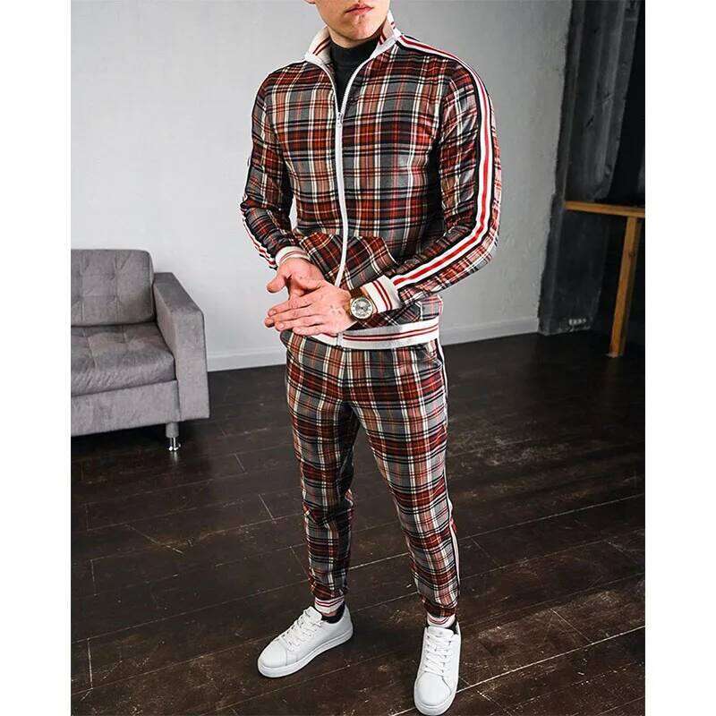 Mens Tracksuits Colorful Plaid Casual Zipper Hoodie 3D Print Set New Autumn Male Sweatshirt Clothes For Men