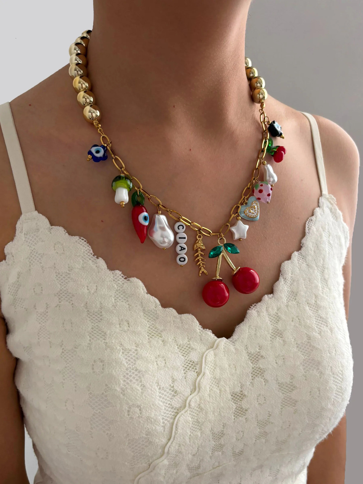 GHIDBK Statement Creative Stainless Steel Colored Enamel Glass Pearl Charm Pendant Necklace for Women CCB Metal Beads 250729