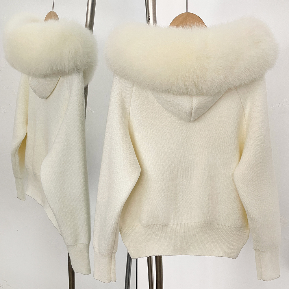 Knitted sweater cardigan jacket womens detachable oversized genuine fox fur collar new autumn winter style hooded knitted cardigan coat