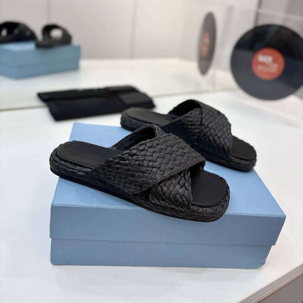 Women Size35-42 Weaving Slippers Flat Platform Summer Slides Leisure Genuine Leather Designer Shoes Zapatillas De Mujer 3dc