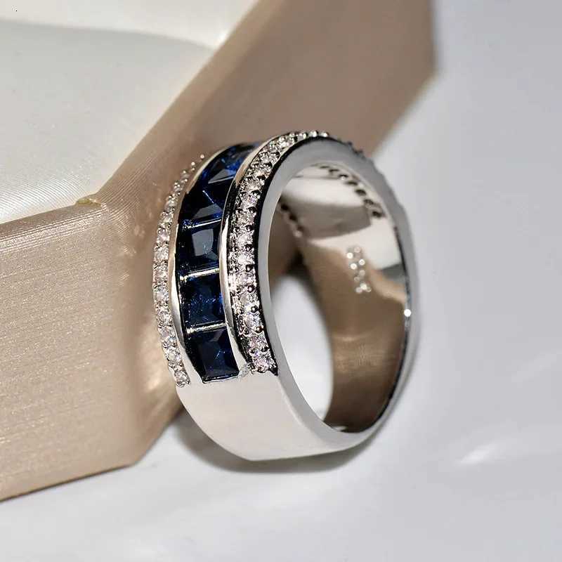 Authentic 925 Sterling Silver Finger Ring With Round Blue Square Cubic Zirconia Crystal Wide Ring For Women Wedding Jewelry y250730