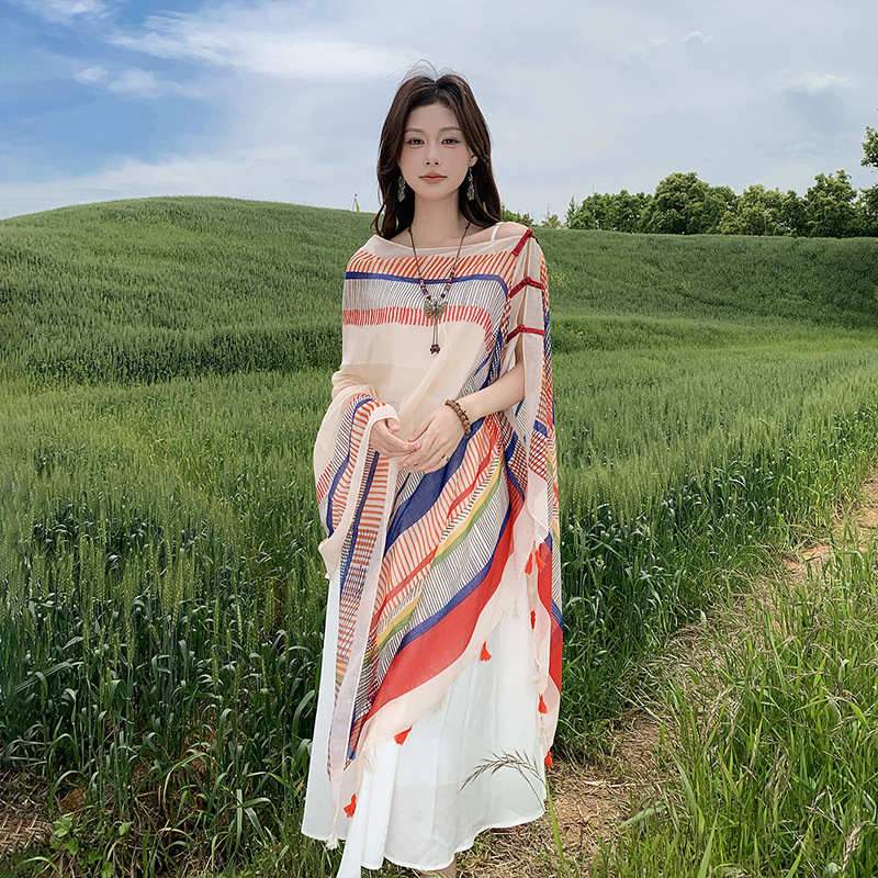 K1539 Colorful square button shawl sunscreen scarf outer wear women's spring and summer thin travel seaside beach scarf cloak
