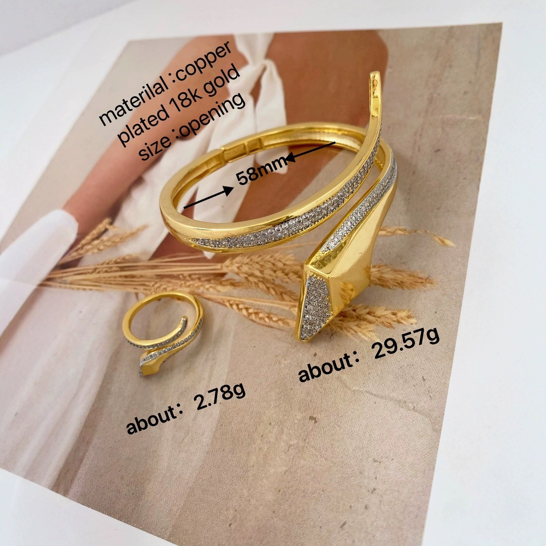 Designer Jewelry for Women 18K Gold Plated Simple Snake Shape Bangle + Ring Set for Women Personalized Zircon Stone Bracelet Rings Fashion Jewelry Par