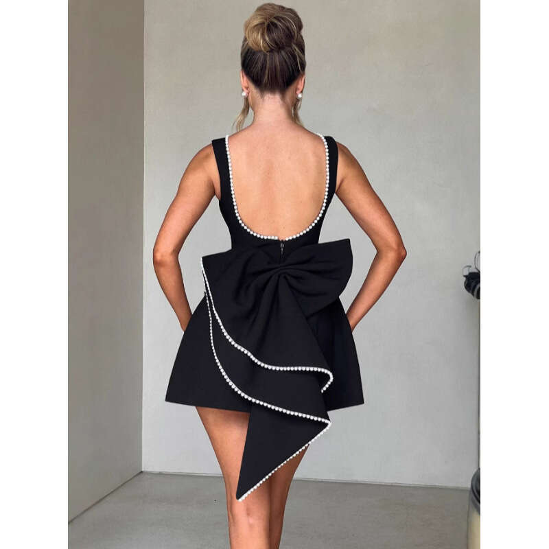 Summer Women's Pearl Bow Fashion Slim Short Backless Hot Girl A-line Dress