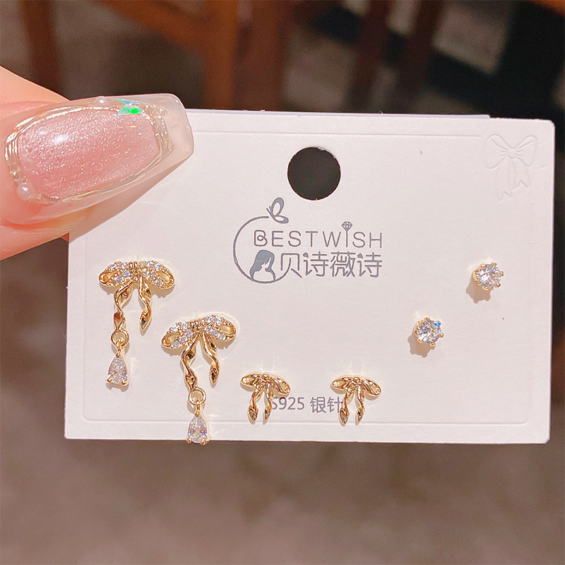 Free Shipping Designer Luxury Jewelry Silver Needle Thick Gold Plated Exquisite Zircon Small Earrings 6-piece Set Three Pairs High-end Fashion Earring