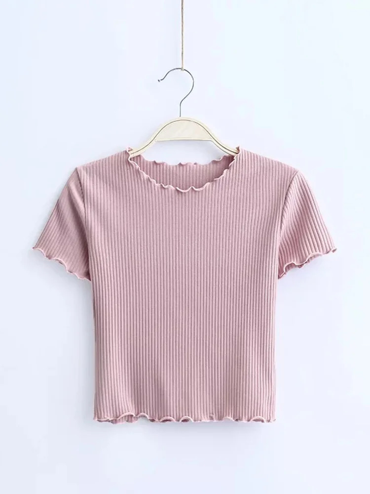 Vintage Wood ears O neck Short sleeve Tshirt 2023 Woman Slim Fit t shirt tight tee Summer Retro Tops 6 colors 250724