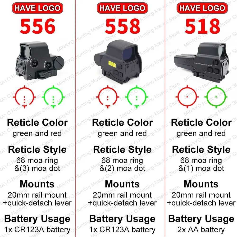 551/552/553/556/558/518 Red Green Dot Holographic Sight Scope Tactical Hunting Reflex Sight Riflescope 20mm Mount Airsoft Gun R250730