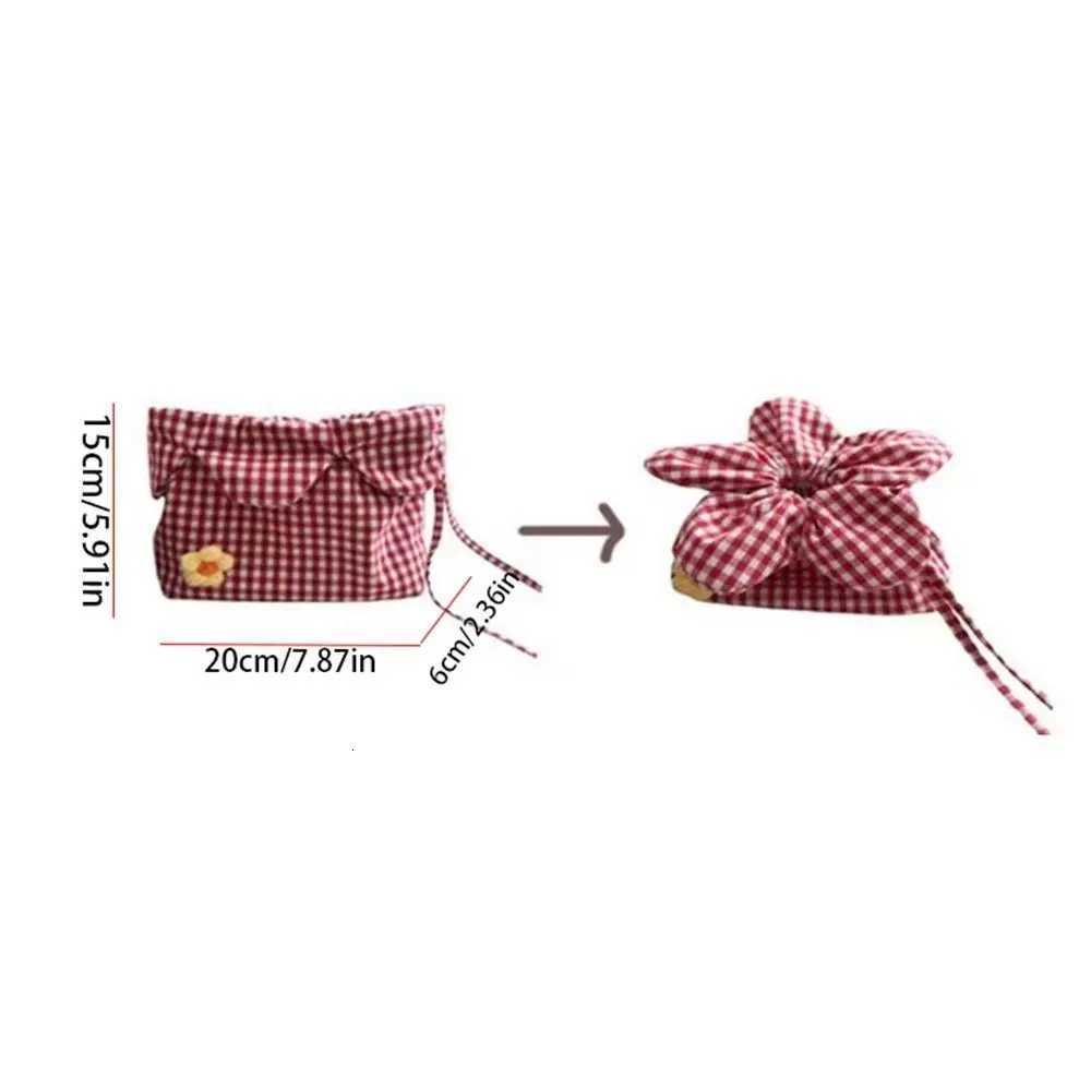 Casual Korean Style Plaid Drawstring Bag Cute Cloth Small Crossbody Bag Large Capacity Storage Bag Flower Handbag Women Y250730