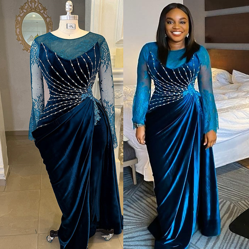 2025 Plus Size Velvet Evening Dresses For Black Women Prom Formal Gowns Sheer Neck Long Sleeves Beaded Lace Pleated Birthday Dress Second Reception Go