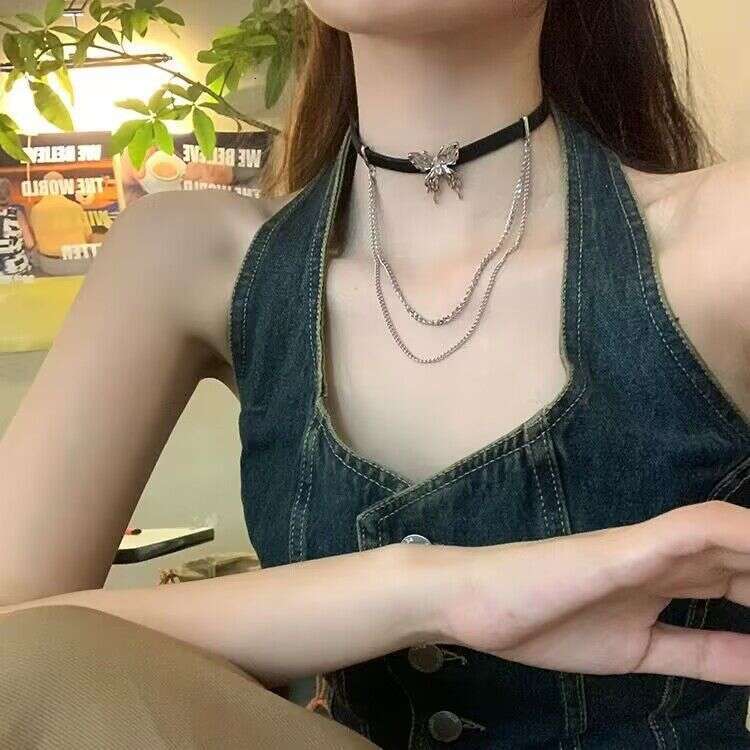 Fuxin Butterfly Tassel Necklace for Women, Niche Design, High-end Hot Girl Leather Cord Choker 6af