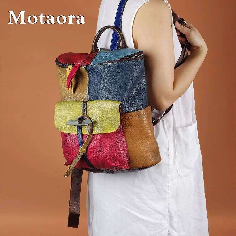 OLOEY Vintage Women's Leather Backpack Large Capacity Travel Bag, Handmade Cowhide Bucket Bag with Colorful Splicing Patchwork Design