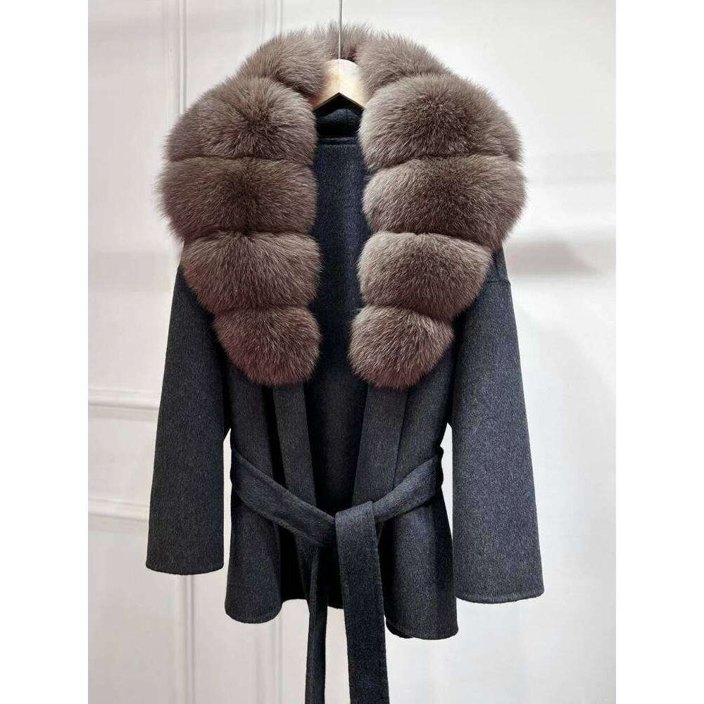 Designer Clothing Janveny Natural Fox Fur Wool Overcoat Autumn Winter Women's Short Loose Woolen Blends Coat Office Lady Elegant Cashmere Jacket 