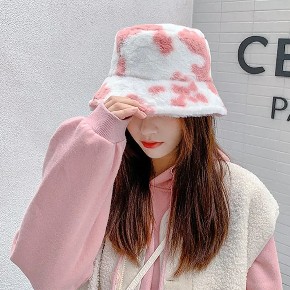 Winter Bucket Hat Womens Fashion Milk Cow Grain Panama Warm Hats Female Vintage Faux Fur Fisherman Beanie Hats For Women Casual 250724