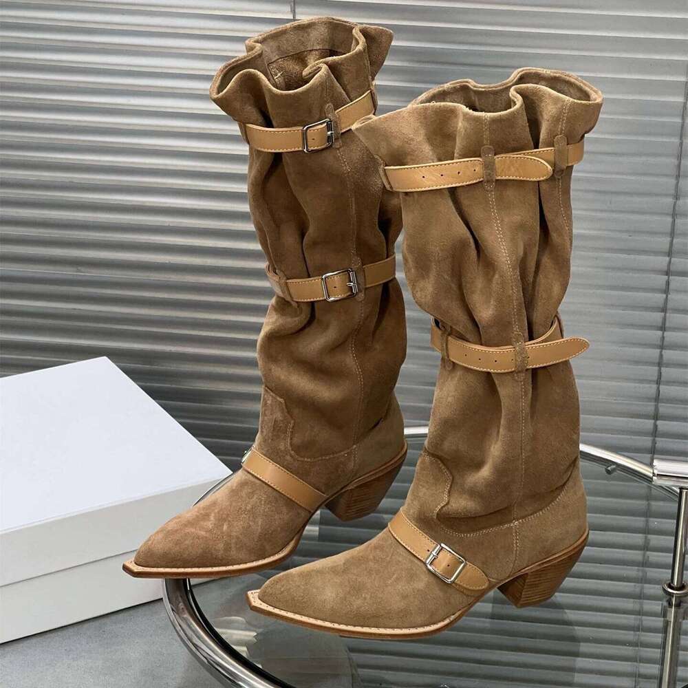 Women Size35-42 Genuine Leather Med Heels Natural Cow Suede Knight Boots Pleated Designer Shoes Zapatillas De Mujer 31b