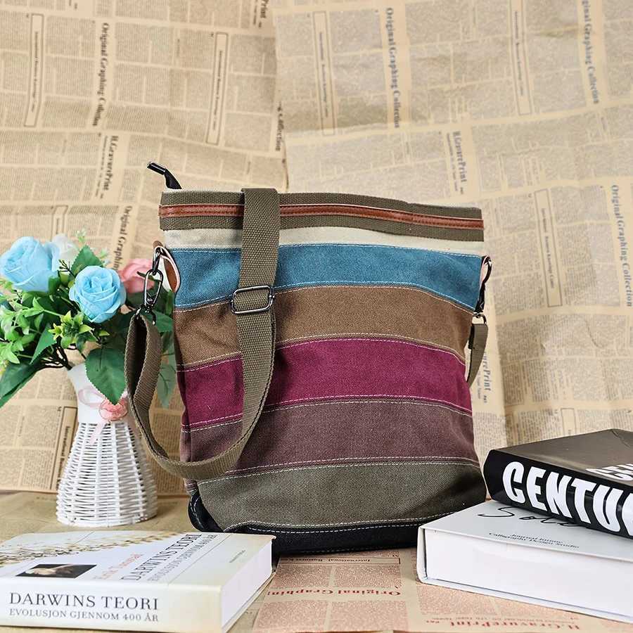 Women Casual Canvas Shoulder Bag Large Capacity Multi Pocket Crossbody Tote Simple Patchwork Rainbow Print Y250730
